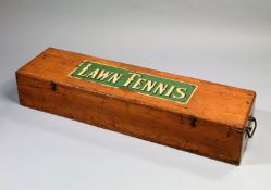 A pine lawn tennis equipment box circa 1885,
labelled LAWN TENNIS, a small paper label situated on