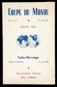 A rare programme for the 1938 World Cup Italy v Norway first round match,
played at the Stade