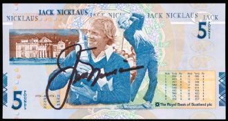 A Royal Bank of Scotland five pounds banknote autographed by Jack Nicklaus,
signed in black marker