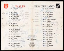 A fully-signed line-ups page from the rugby match programme when Wales last defeated New Zealand 9th