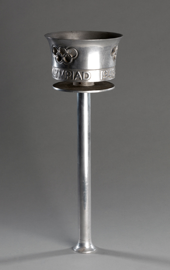 A 1948 London Olympic Games bearer's torch,
designed by Ralph Lavers, aluminium alloy, the bowl