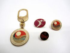 Miscellaneous sporting pins,
A judge's pin and a keyring for the 1968 European Freestyle Wrestling