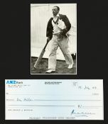 A personal cheque signed by Sir Don Bradman,
for Australian $1, drawn on his account at ANZ Bank,