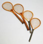 A pair of convex wedge junior tennis racquets,
by Crawford Barratt and Co., 55cm., 21 1/2in.; and