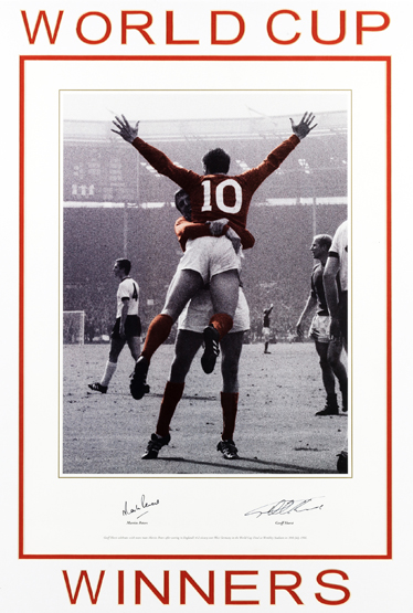 A pair of 1966 World Cup photographic prints signed by the England goalscorers Geoff Hurst and