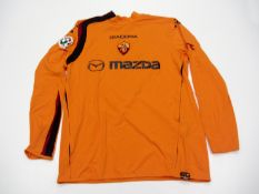 Abel Xavier: an orange AS Roma No.3 jersey from a TIM Cup game season 2004-05,
long-sleeved, Lega