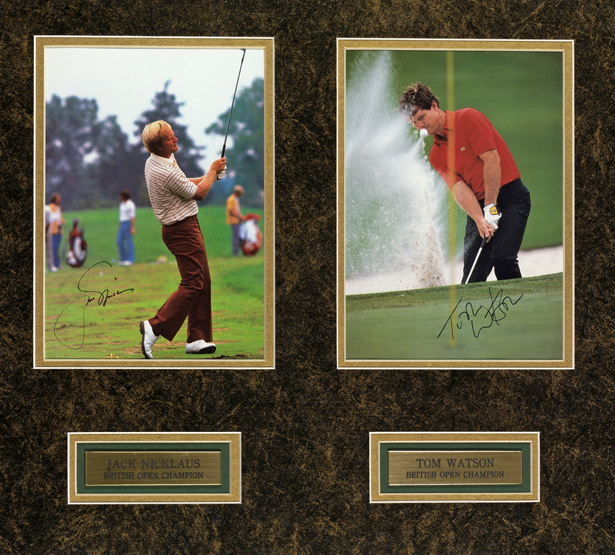 A Jack Nicklaus and Tom Watson double-signed photographic display,
two signed 10 by 8in. colour