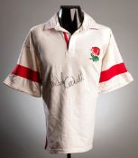 A signed Richard Cockerill white England No.2 rugby shirt,
inscribed above hem RICHARD COCKERILL.