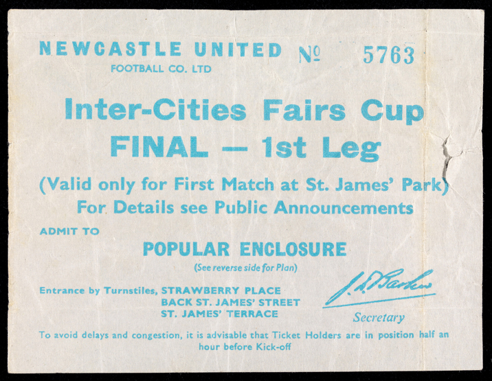 A rare ticket for the Newcastle United v Ujpesti Dozsa Inter-Cities Fair Cup final home leg played