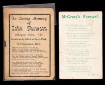 Two memorial cards for Celtic footballers,
John Thomson, accidentally killed during a game at