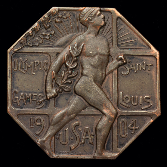 A 1904 St Louis Olympic Games athlete's participation medal,
without any traces of loop at top edge,