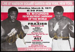 A double-signed Muhammad Ali v Joe Frazier reproduction flyer for the fight at Madison Square Garden