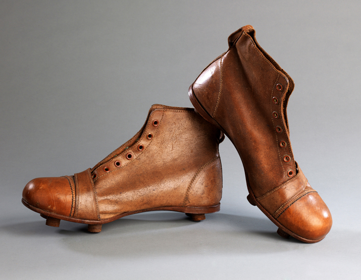 A pair of Steve Bloomer endorsed football boots circa 1914,
tan leather, size 8, believed to have