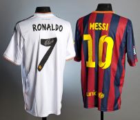 Lionel Messi and Cristiano Ronaldo signed replica football shirts,
signed to the reverse No.10 on