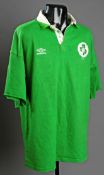 Denis Leamy: a green No.6 Ireland U-21 international rugby shirt,
long-sleeved, circular Irish badge
