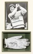 A Nick Faldo signed glove and photograph framed display,
the signed glove dated '91, the signed b&