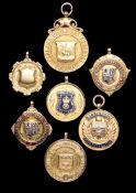 A collection of seven 9ct. gold medals awarded to the footballer Reg Wright,
four with enamelling,