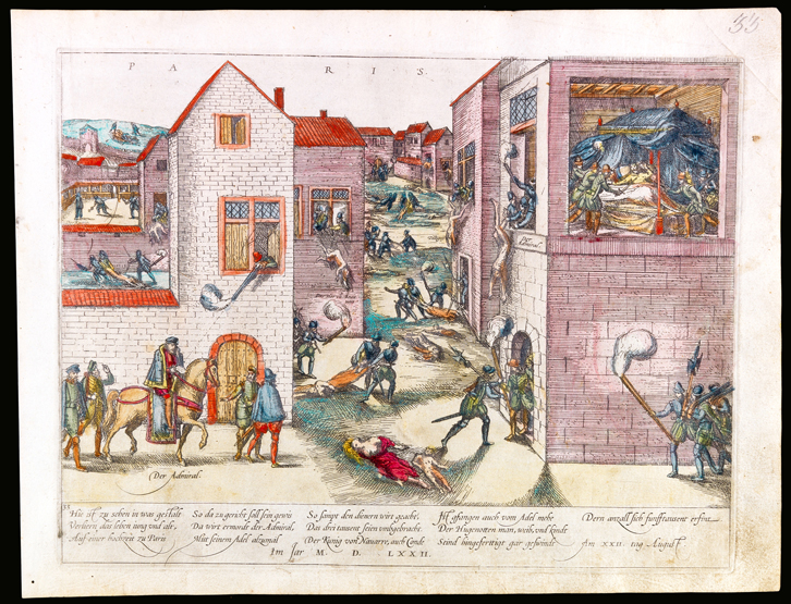 An original 16th century German engraving "St Bartholomew's Day Massacre" dated 22 August 1572 and