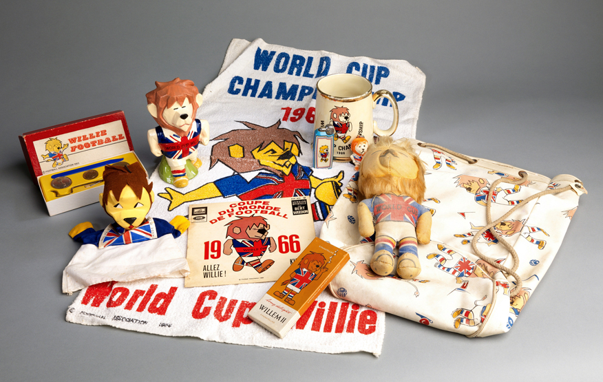A collection of 1966 World Cup Willie merchandising, all bearing imagery of  the official mascot,