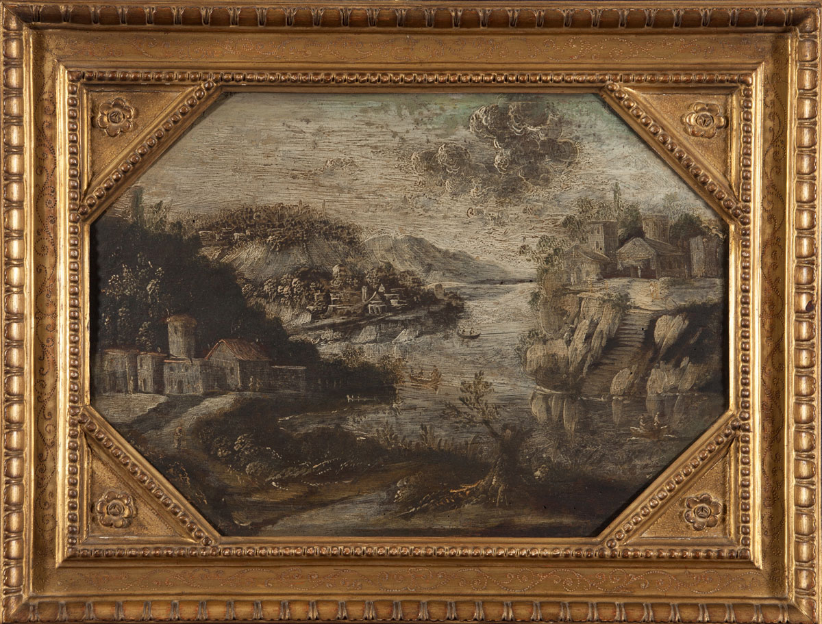 “Paesaggio fluviale”, olio su tavola ottagonale, fine XVIII sec., H 27.5x40 cm. Starting Bid: ?350