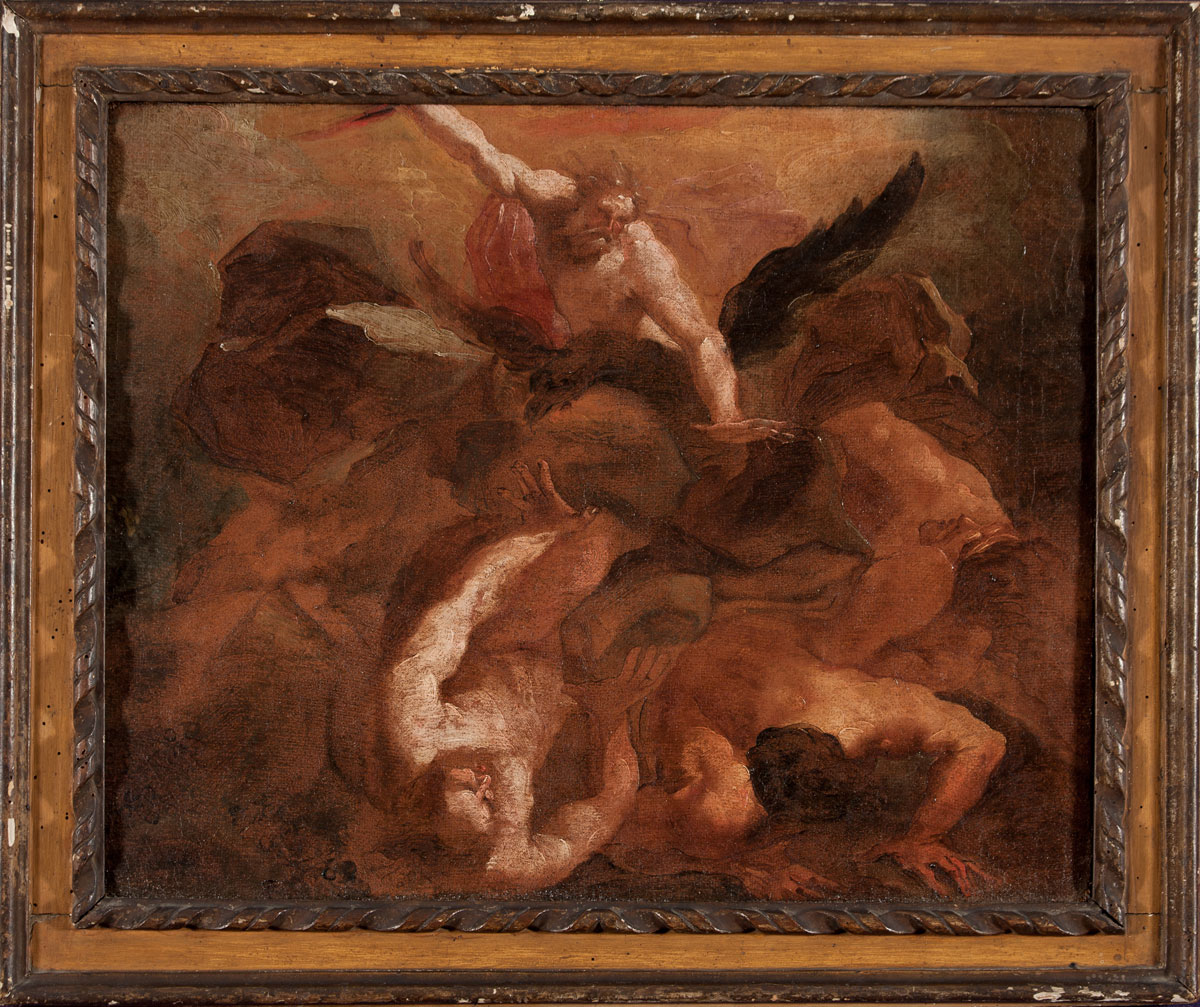 Gaetano Gandolfi (1734 – 1802) attribuito a, “Caduta dei giganti”, olio su tela, a tergo frammento