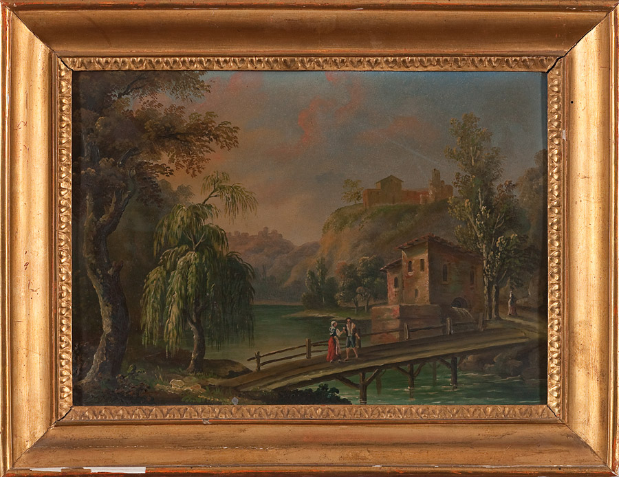 Pittore Emiliano del XIX sec., ?Paesaggio fluviale con ponte e viandanti?, olio su zinco, 25.5x35.5