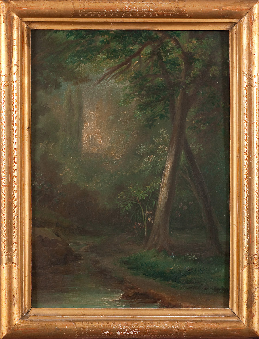 Pittore Emiliano del XIX sec., ?Paesaggio con bosco?, , olio su zinco, 35.5x25.5 cm Minimum Bid: ?