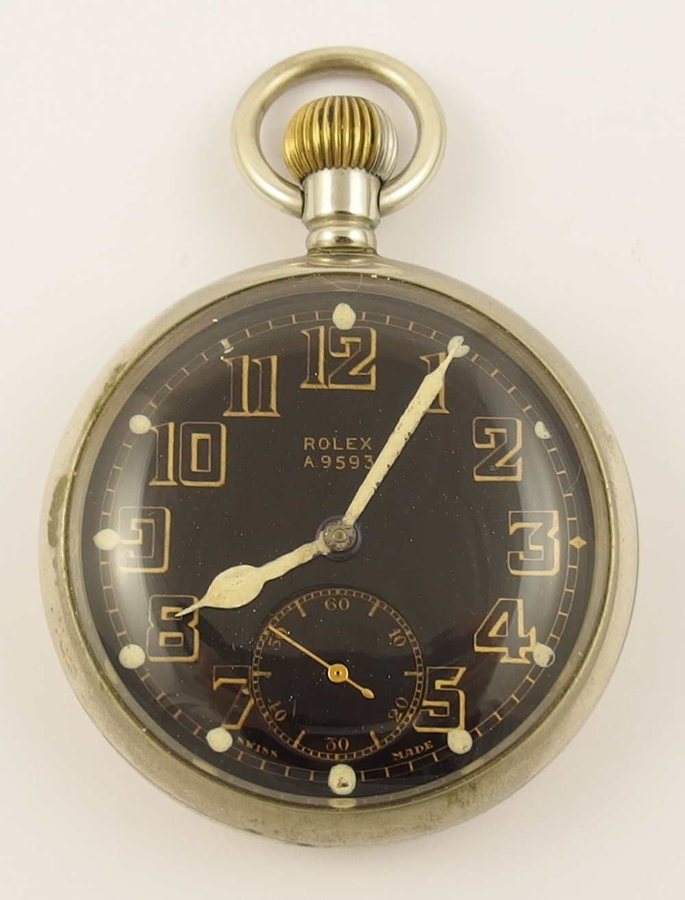 A Military issue Rolex pocket watch the black dial with gold coloured edged Arabic numerals, a