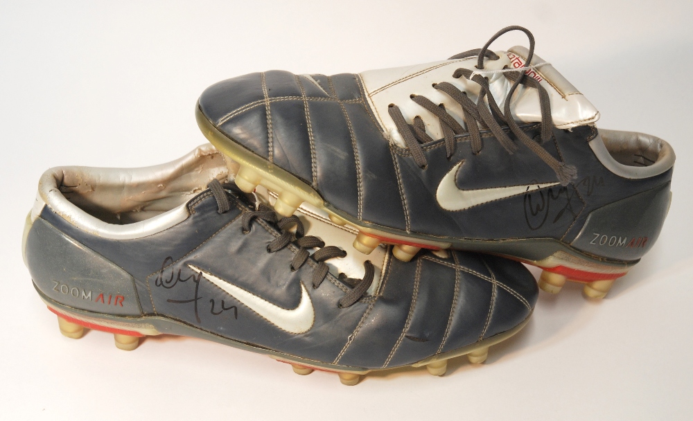 A pair of Nike Airzoom 90 match worn football boots each boot autographed by Mahjid Bougherra  The
