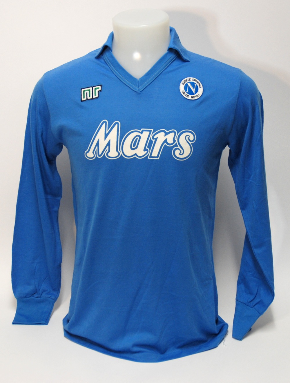 A blue Napoli shirt No.10, with v-neck collar and embroidered cloth badge, inscribed N, Societa
