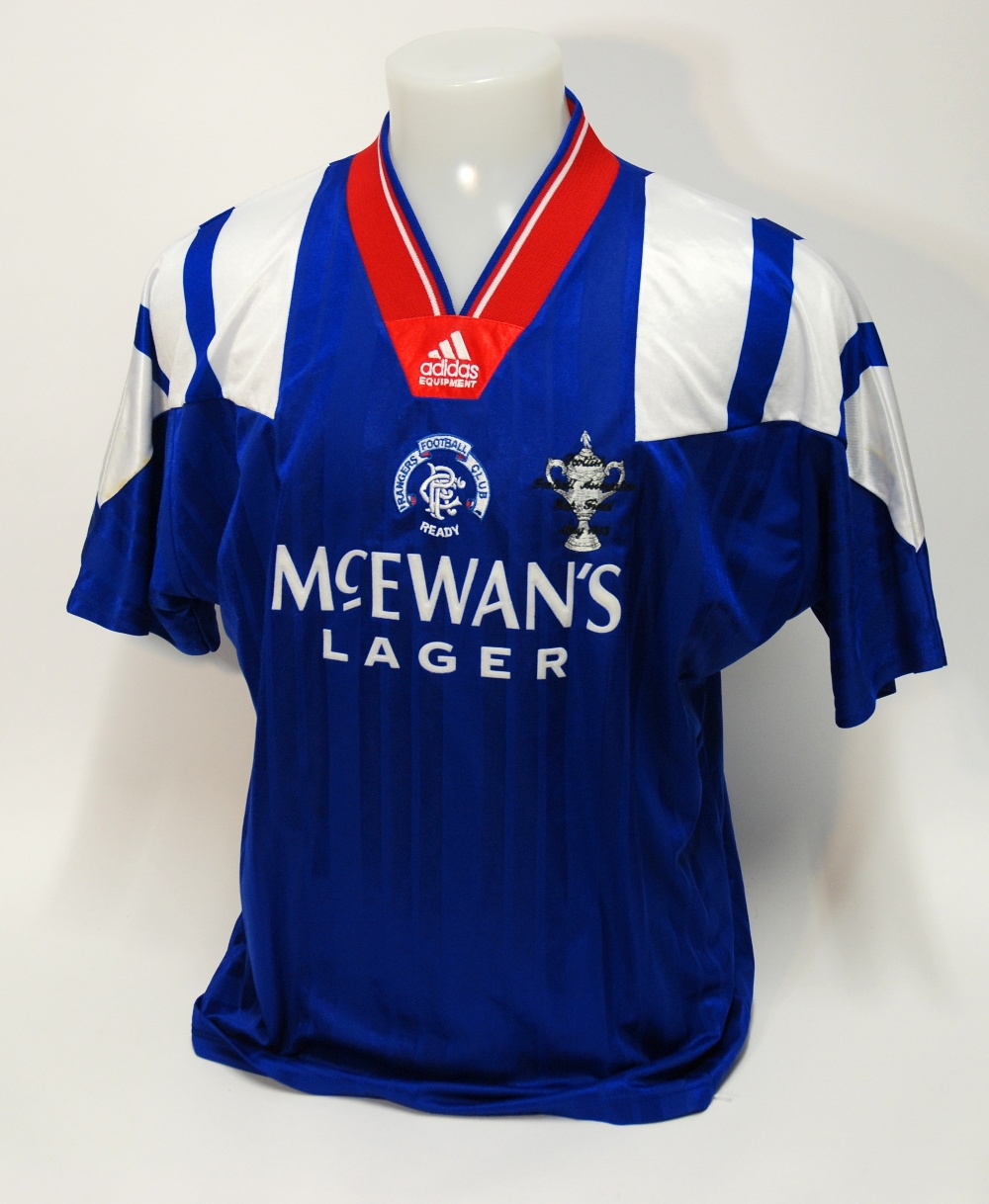 A blue Rangers 1993 Scottish Cup final short-sleeved shirt No.8, with v-neck collar and