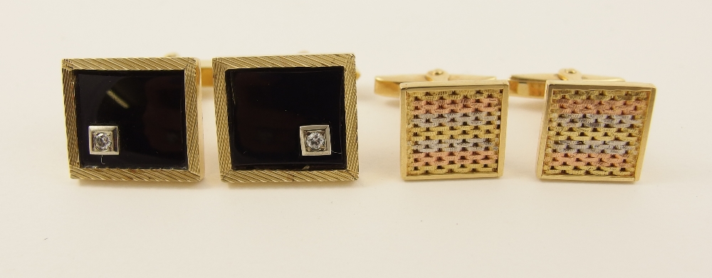 Two pairs of cufflinks a pair of 14ct gold cufflinks set with onyx and a diamond, with a pair of