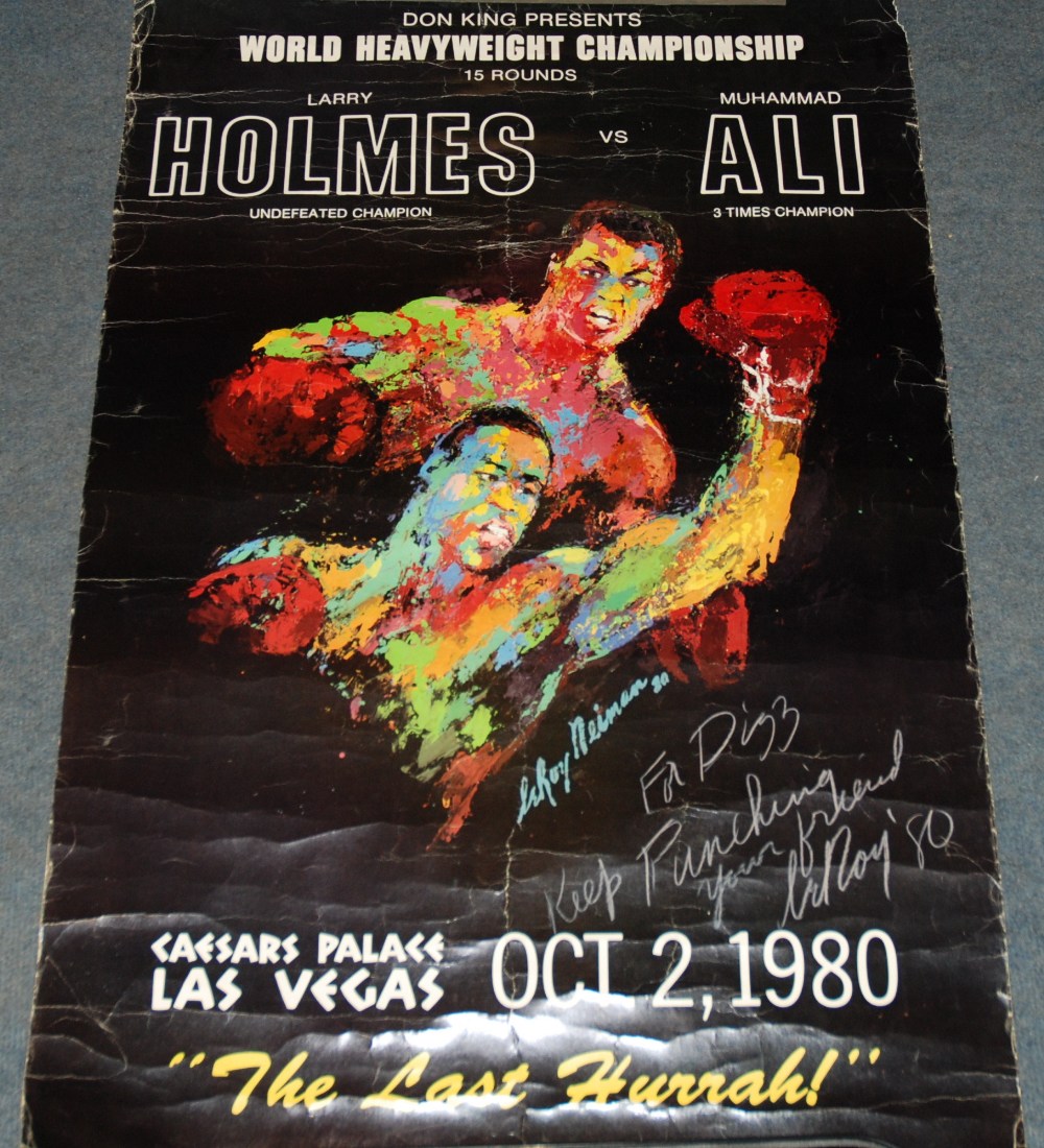 After Leroy Neiman, a Larry Holmes v. Muhammad Ali fight poster October 2 1980, the front