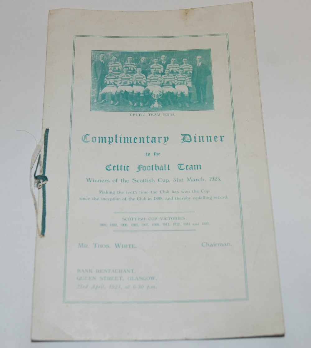 A Celtic F.C. complimentary dinner menu card to celebrate the 1923 Scottish Cup final victory, 23/