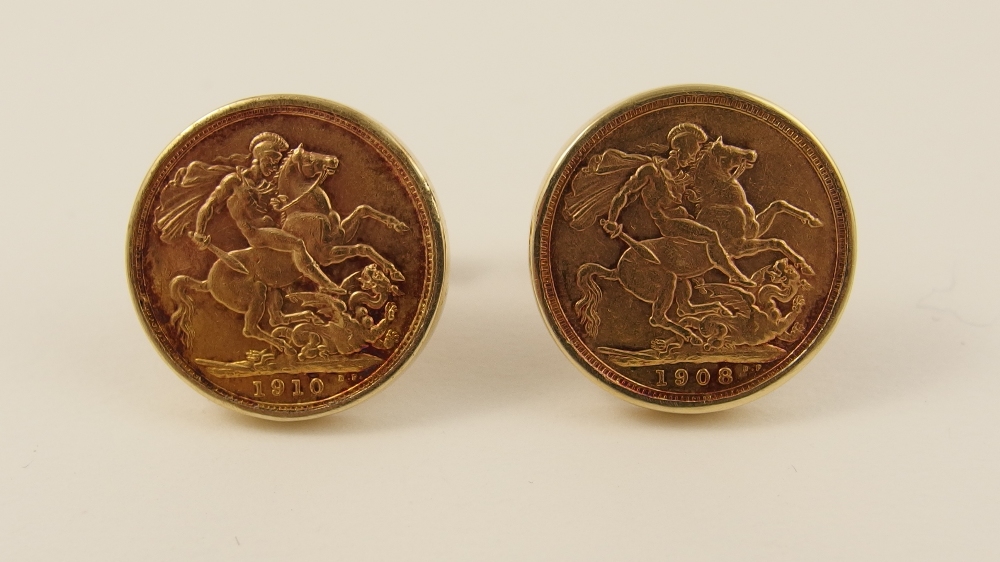 A pair of sovereign cufflinks dated 1908 and 1910 in rub over 14ct gold mounts with post and bar