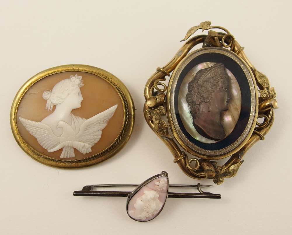 A collection of three cameos a shell cameo possibly of Hera with the eagle the symbol of Zeus,