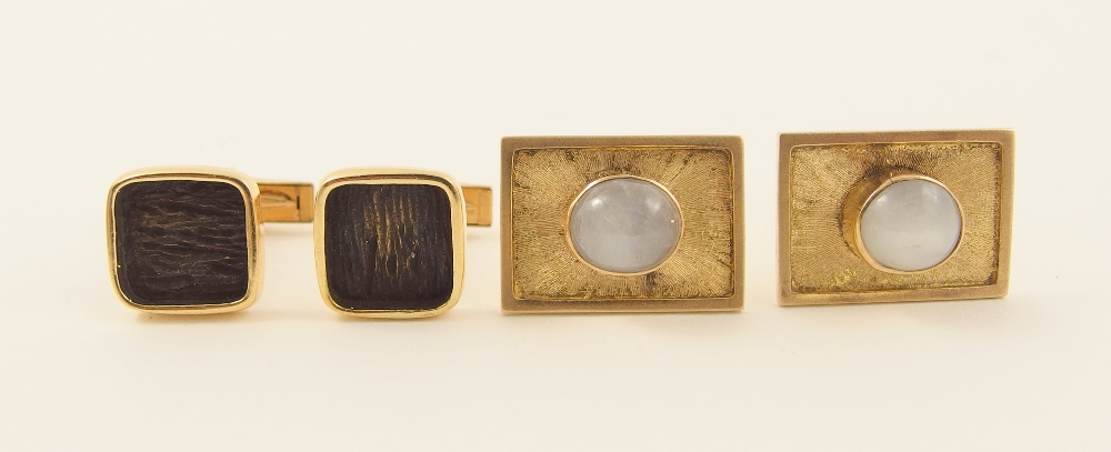 two pairs of 14ct cufflinks a pair of oblong shape with a rub over set white translucent stone