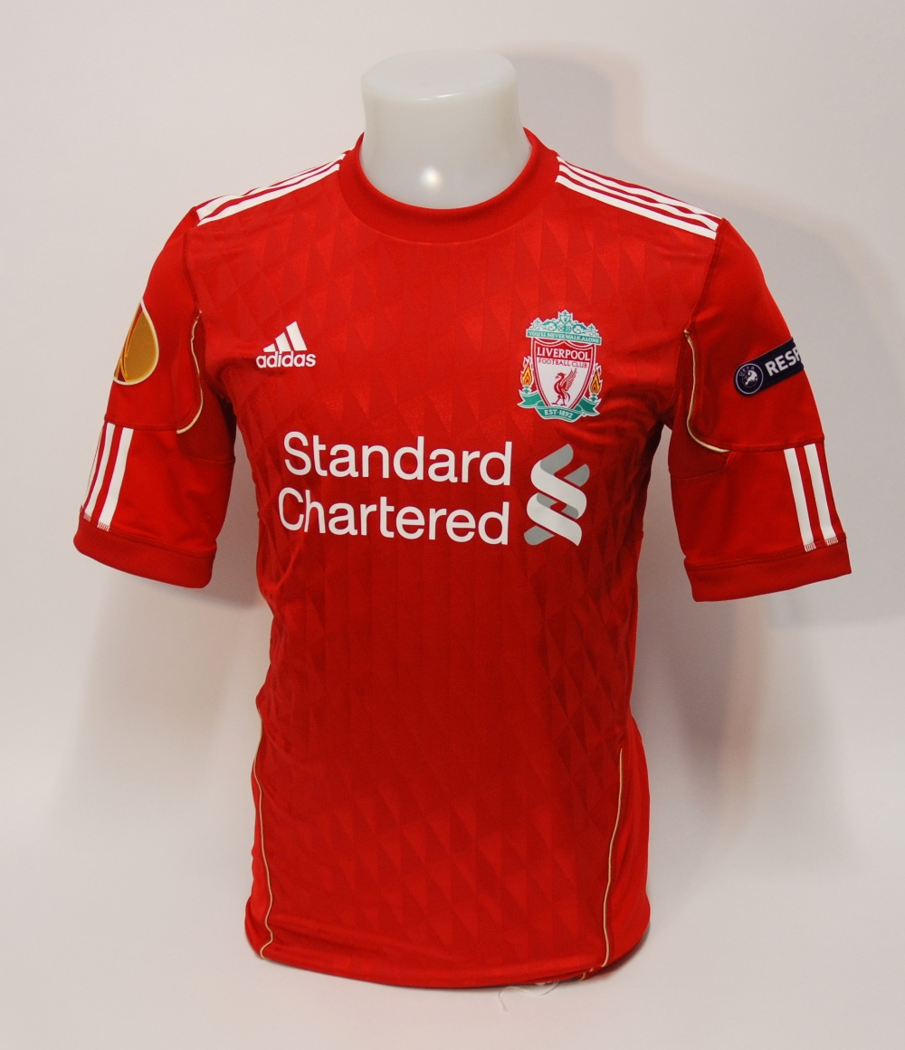 A red Liverpool short-sleeved shirt No.8, with crew-neck collar and printed badge, the reverse