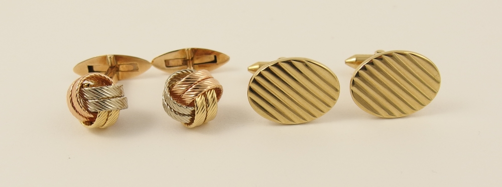 Two pairs of cufflinks a pair styled as knots in tricolour 14ct gold with post and bar fittings