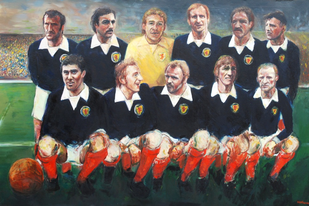 Hampden Heroes 2000: A large oil painting of the Greatest Ever Scotland Team the image depicting the