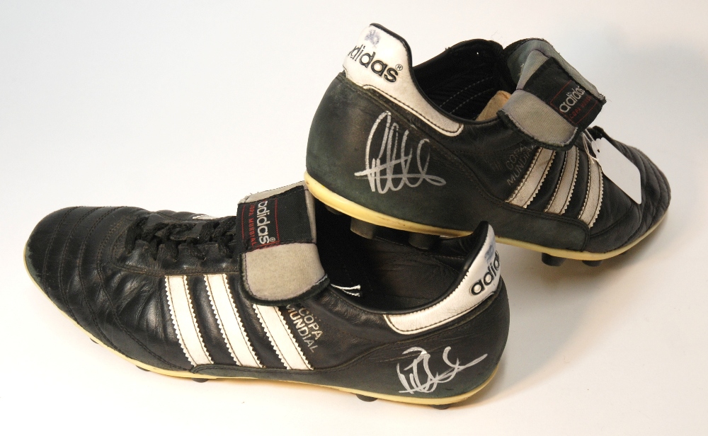 A pair of black Adidas Copa Mundial match worn football boots size 9, worn by Paddy McCourt, each