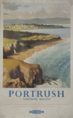 Poster `Portrush` by Ronald Lampitt, D/R size.  Birdseye view of the beach with the town beyond