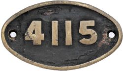 South African Railways brass oval Tenderplate 4115. Measures 4¼" x 7¼" and is in totally ex loco