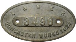 LNER 9 x 5 Works Numberplate `LNER 3496 Doncaster Works 1924`, the number on a brass strip. Ex 2-8-0