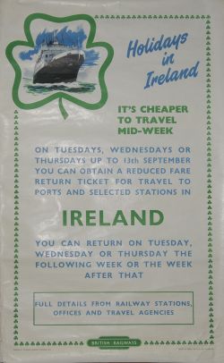 Poster British Railways `Holidays In Ireland` by Wolstenholm, D/R size. Semi -pictorial with an