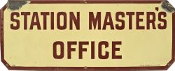 North Eastern Railway enamel Doorplate STATION MASTER`S OFFICE, 20" x 8", brown and cream. Chip at