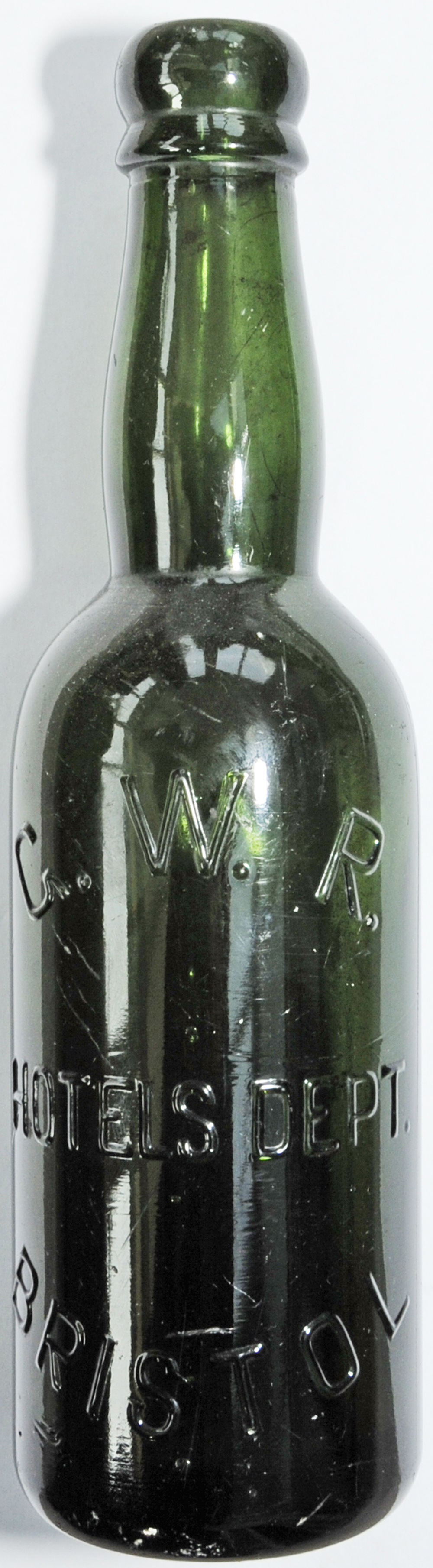 GWR green ½ pint Beer Bottle nicely embossed GWR Hotels Dept Bristol. Standing 9" tall, it is in