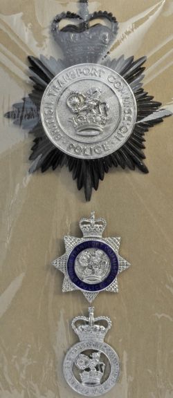 British Transport Police Badges, qty 3 comprising: Large Helmet Badge with black star and crown