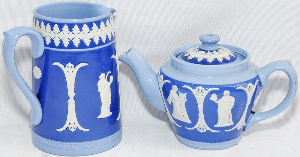 North British Station Edinburgh small teapot and a LNER Hotels Milk Jug in blue & white Wedgwood