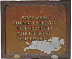 Tram Notice on original, hinged wooden panel, presumably from the tram bulkhead, ex Glasgow